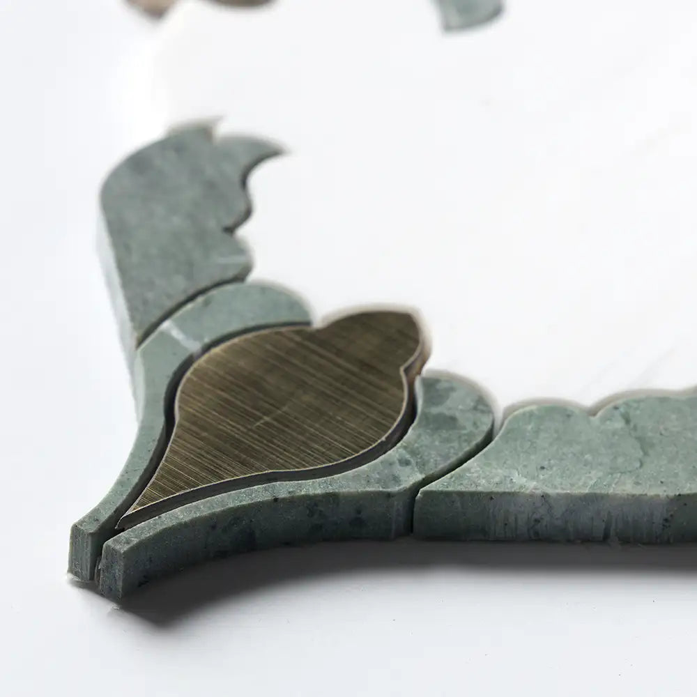 Verde Tia Honed Marble Floral Arabesque Mosaic 8-3/16X11-13/16 Snow White Brass Verde Tia Honed