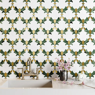 Verde Tia Honed Marble Floral Arabesque Mosaic 8-3/16X11-13/16 Snow White Brass Verde Tia Honed