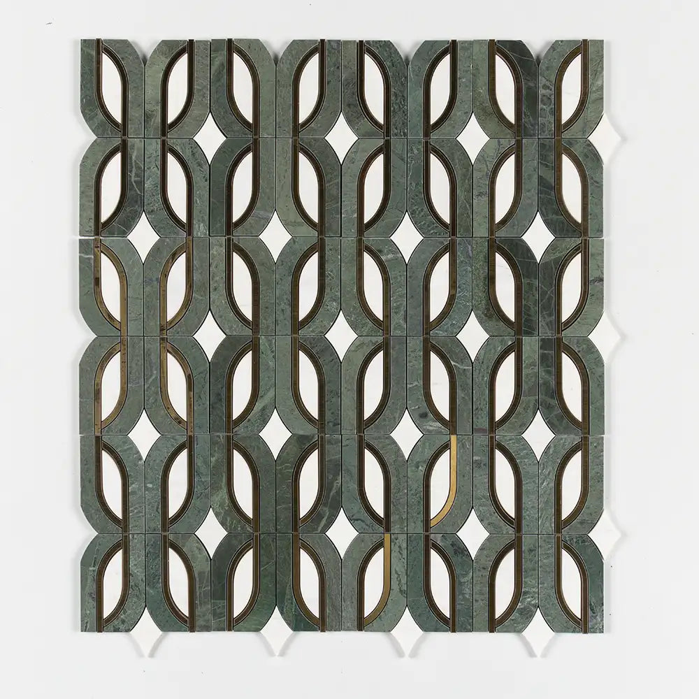 Verde Tia Honed Marble Butterfly Mosaic 7-13/16X11.75 Snow White Brass Verde Tia Honed