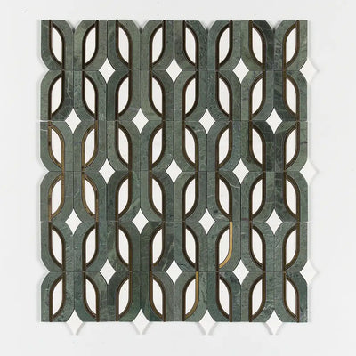 Verde Tia Honed Marble Butterfly Mosaic 7-13/16X11.75 Snow White Brass Verde Tia Honed