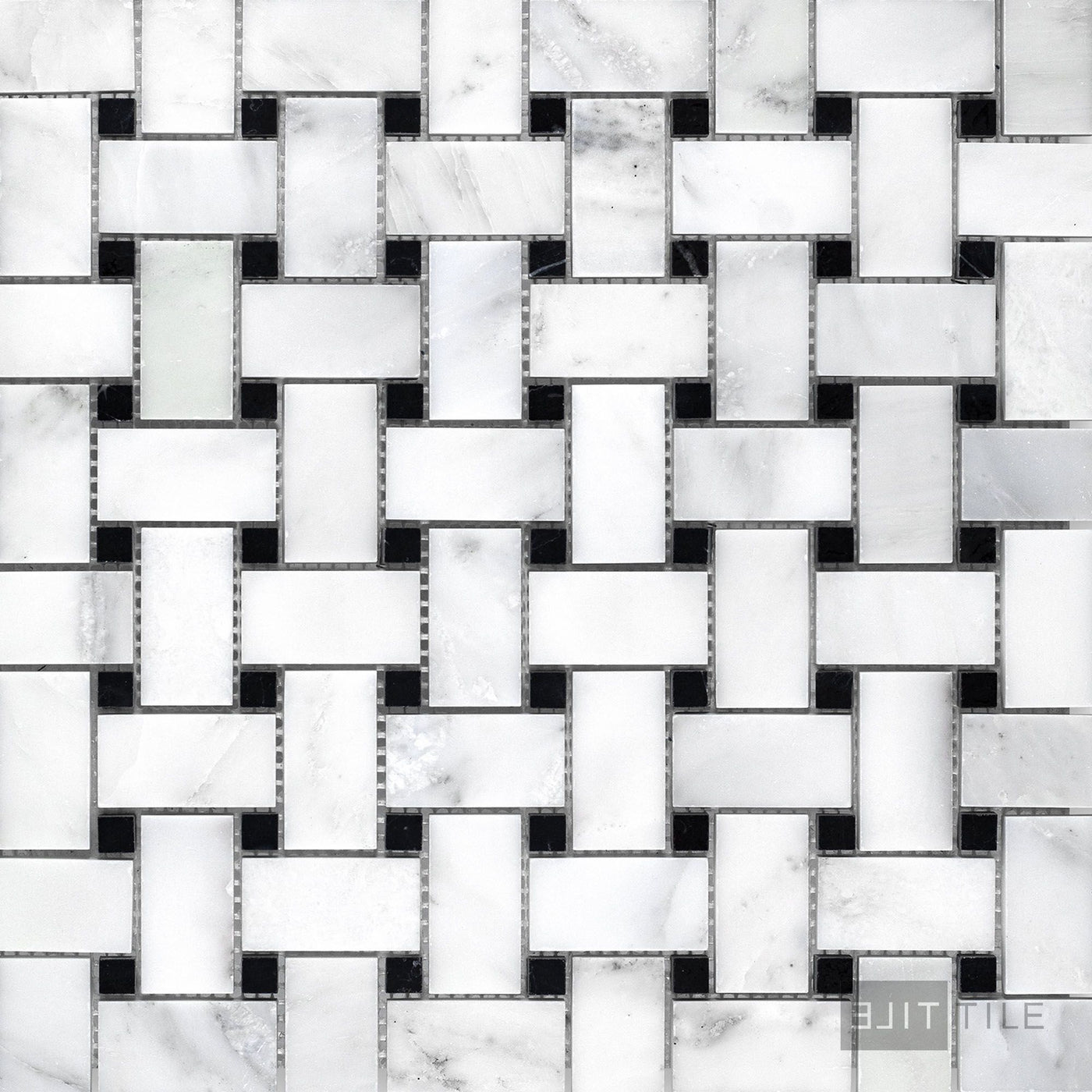 Oriental White Marble Basketweave W/ Black Dot Honed Mosaic