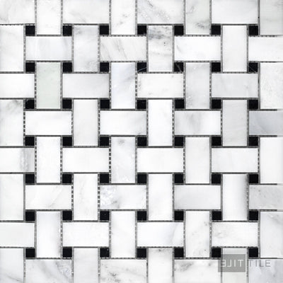 Oriental White Marble Basketweave W/ Black Dot Honed Mosaic