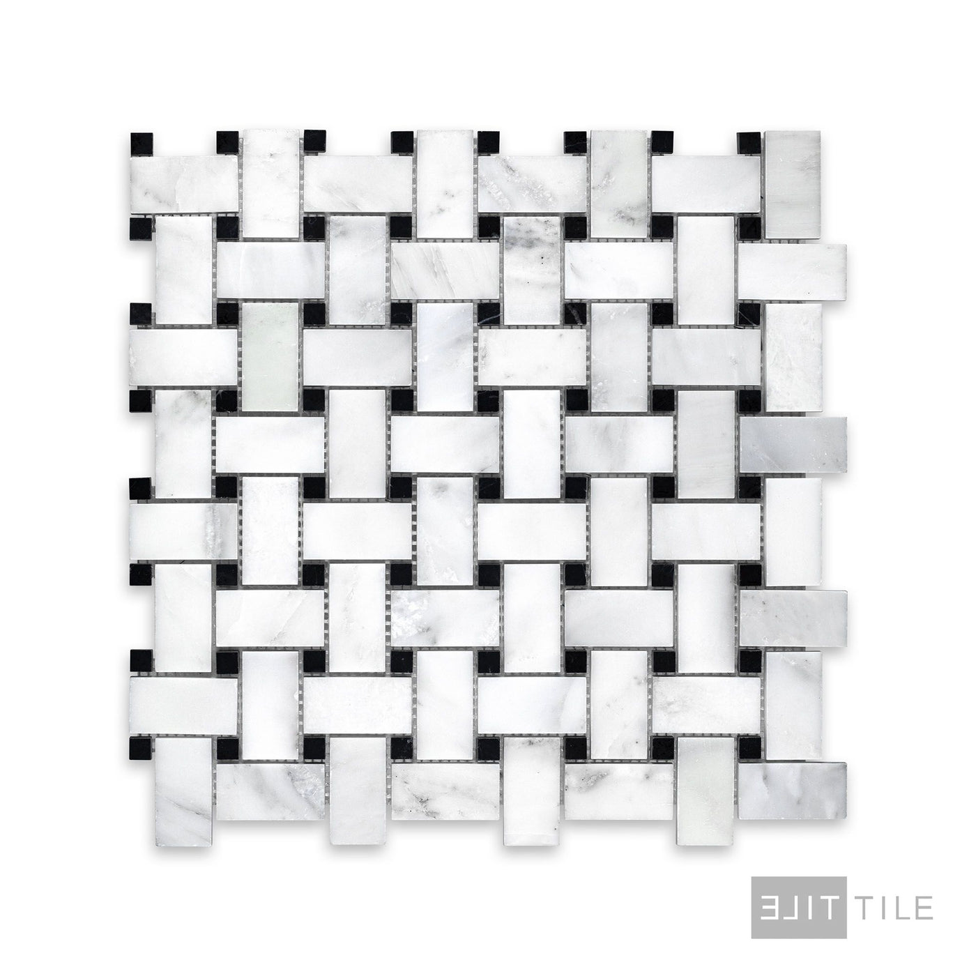 Oriental White Marble Basketweave W/ Black Dot Honed Mosaic