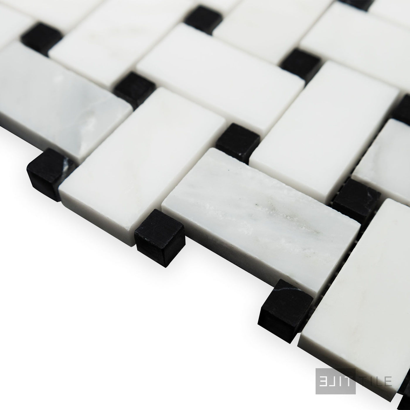 Oriental White Marble Basketweave W/ Black Dot Honed Mosaic