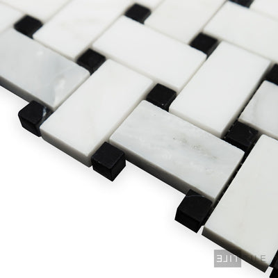 Oriental White Marble Basketweave W/ Black Dot Honed Mosaic