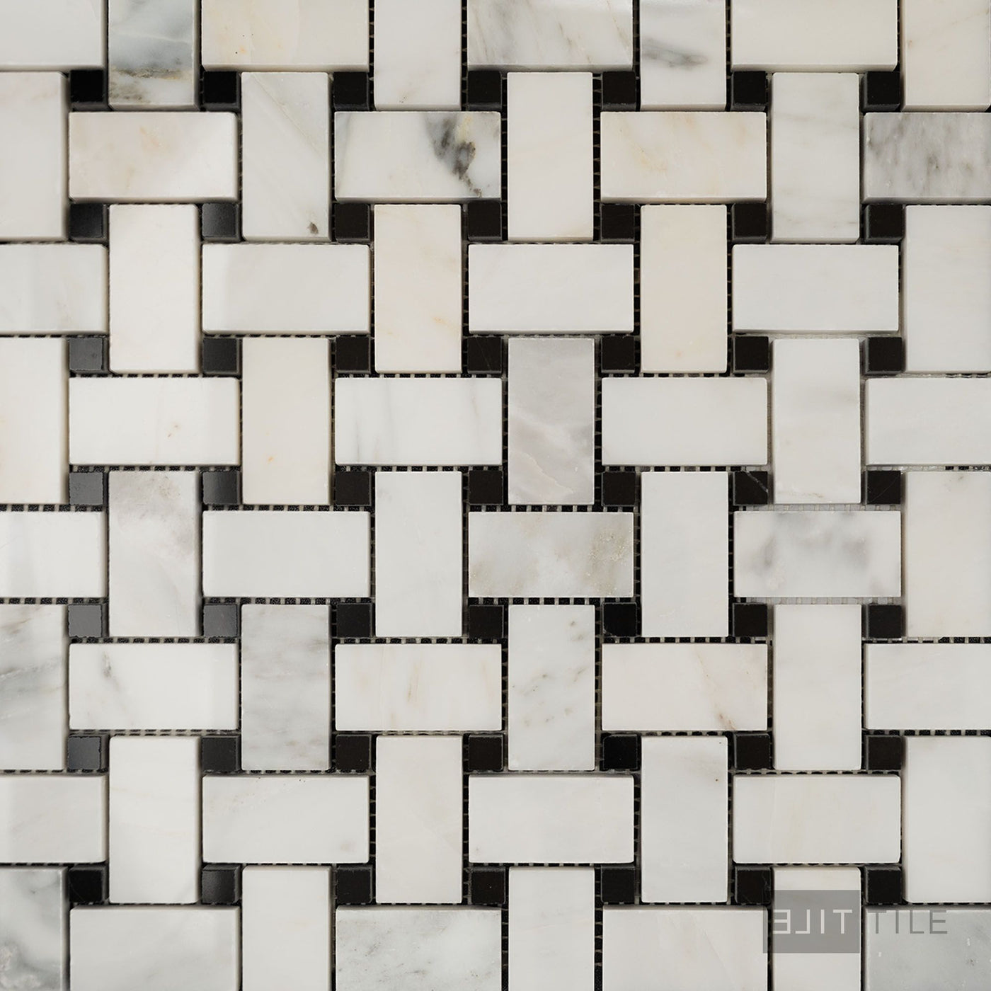 Oriental White Marble Basketweave W/ Black Dot Polished Mosaic