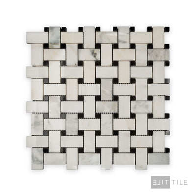 Oriental White Marble Basketweave W/ Black Dot Polished Mosaic