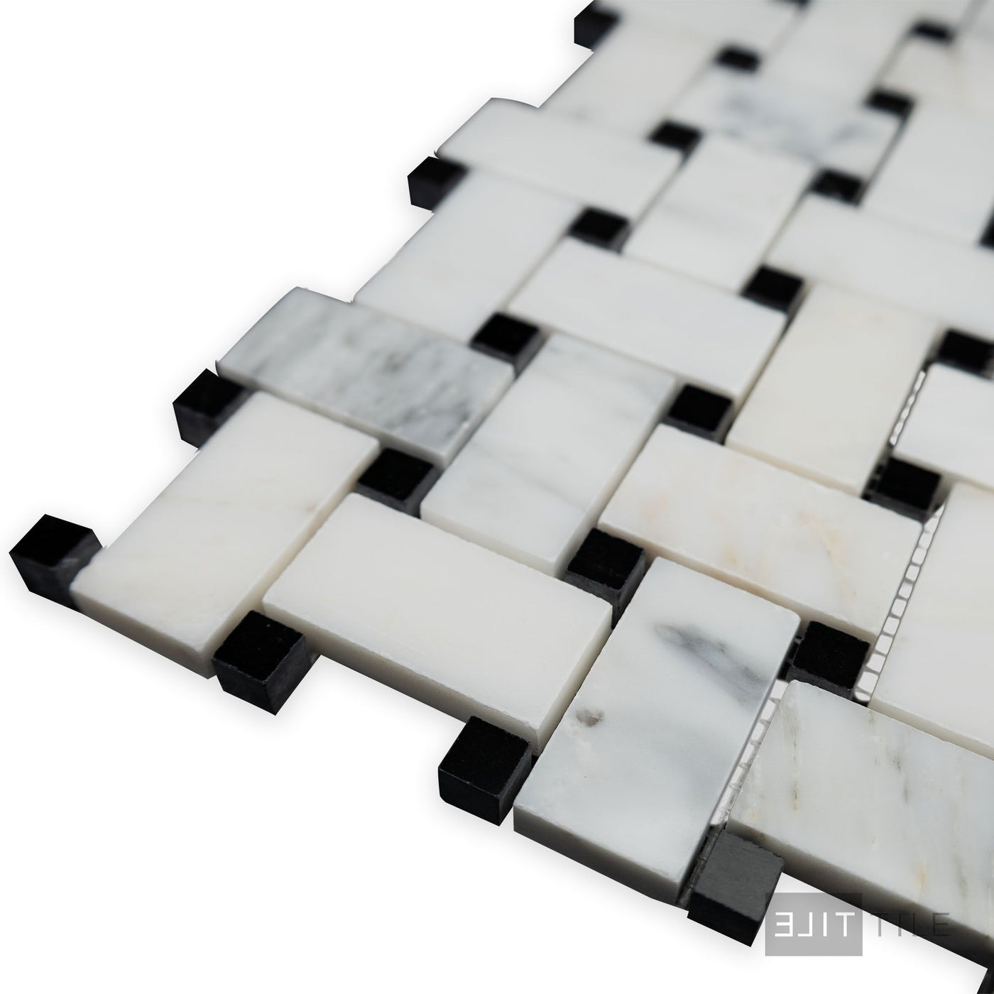 Oriental White Marble Basketweave W/ Black Dot Polished Mosaic