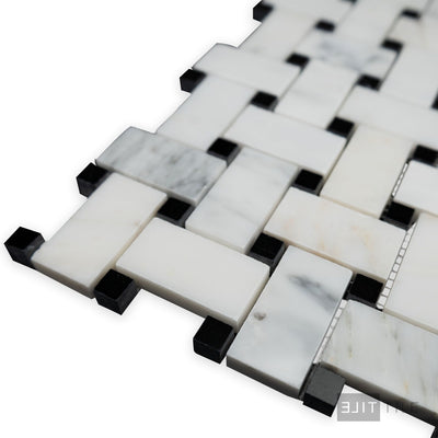 Oriental White Marble Basketweave W/ Black Dot Polished Mosaic