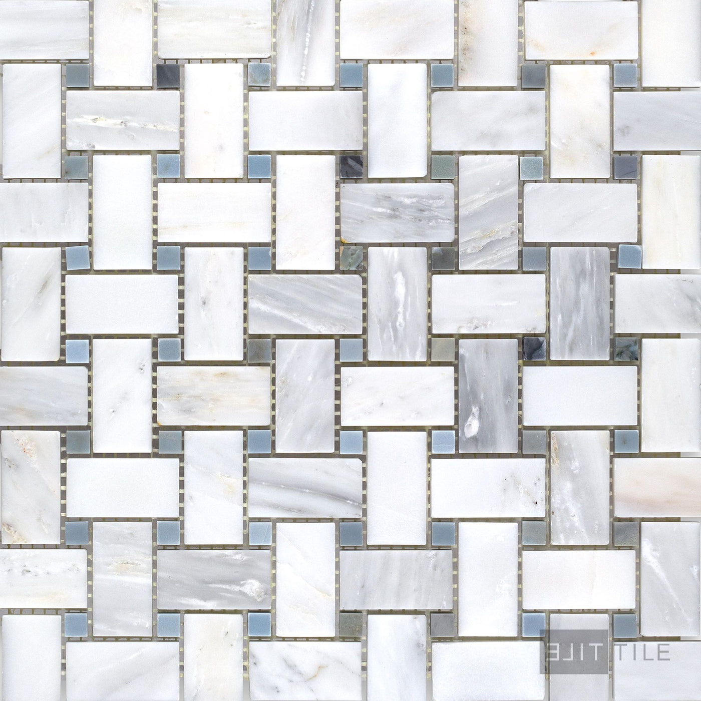Oriental White Marble Basketweave W/ Blue Dot Honed Mosaic