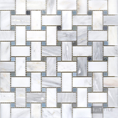 Oriental White Marble Basketweave W/ Blue Dot Honed Mosaic