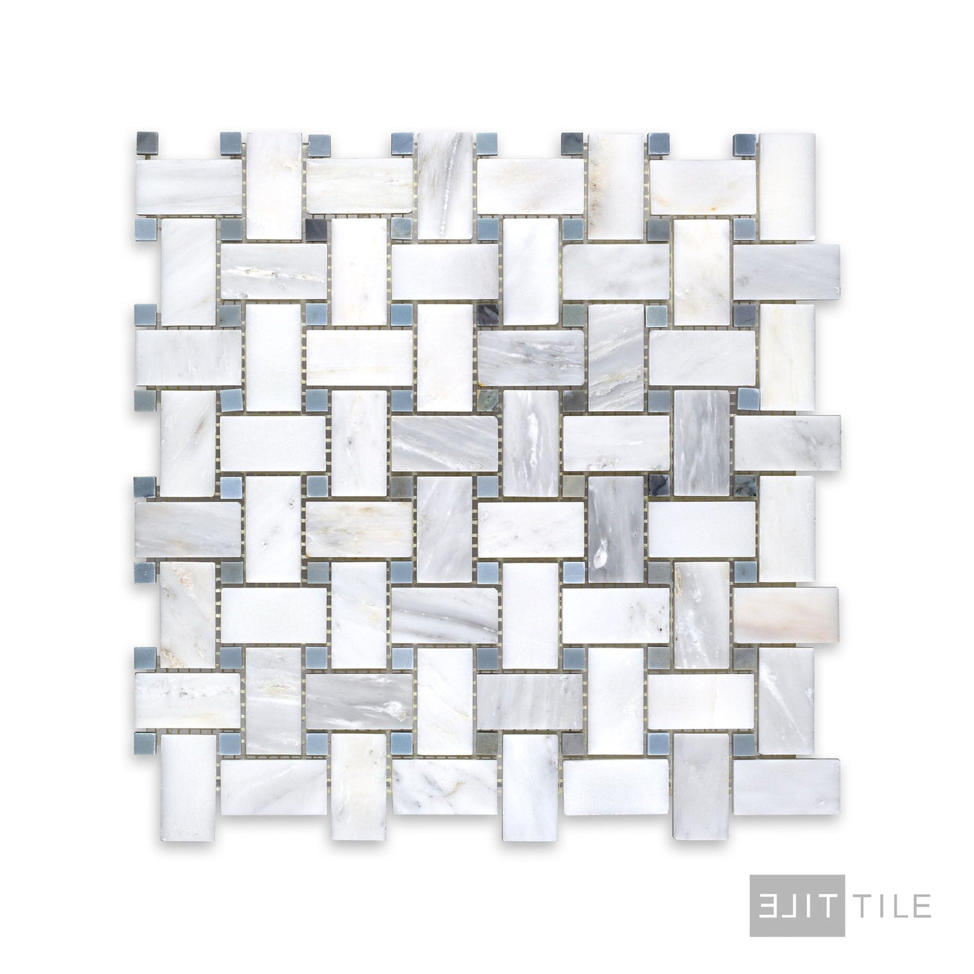Oriental White Marble Basketweave W/ Blue Dot Honed Mosaic