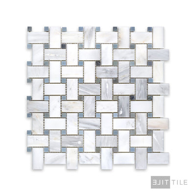 Oriental White Marble Basketweave W/ Blue Dot Honed Mosaic