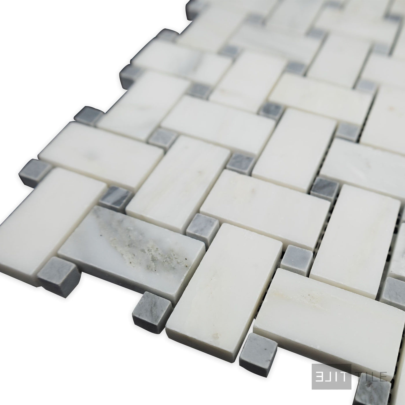 Oriental White Marble Basketweave W/ Blue Dot Honed Mosaic