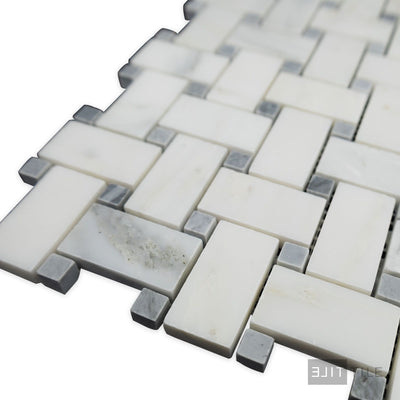 Oriental White Marble Basketweave W/ Blue Dot Honed Mosaic