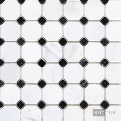 Oriental White Marble Octagon W/ Negro Marquina Honed Mosaic