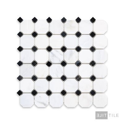 Oriental White Marble Octagon W/ Negro Marquina Honed Mosaic