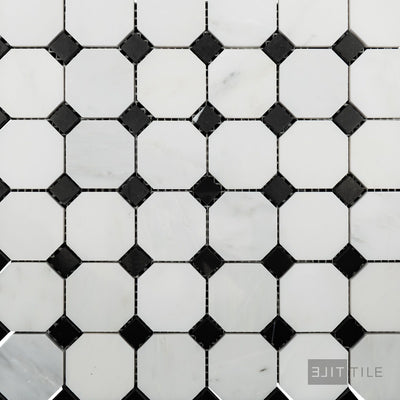 Oriental White Marble Octagon W/ Negro Marquina Polished Mosaic