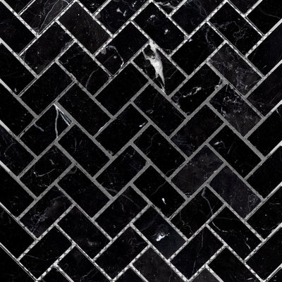 Negro Marquina Marble 1X2 Herringbone Honed Mosaic