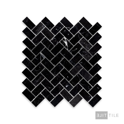 Negro Marquina Marble 1X2 Herringbone Honed Mosaic