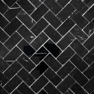 Negro Marquina Marble 1X2 Herringbone Polished Mosaic