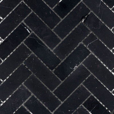 Negro Marquina Marble 1X3 Herringbone Honed Mosaic