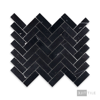 Negro Marquina Marble 1X3 Herringbone Honed Mosaic