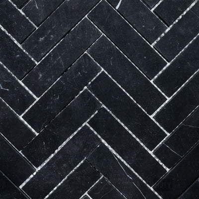 Negro Marquina Marble 1X4 Herringbone Honed Mosaic