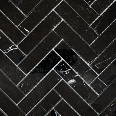 Negro Marquina Marble 1X4 Herringbone Polished Mosaic