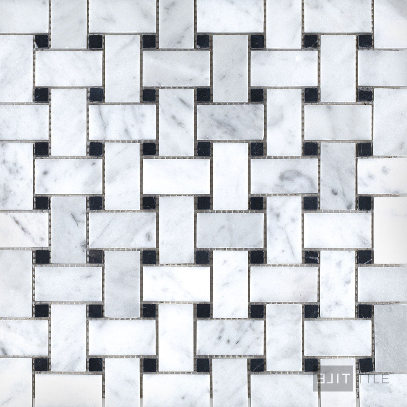White Carrara Marble Basketweave W/ Black Dot Honed Mosaic
