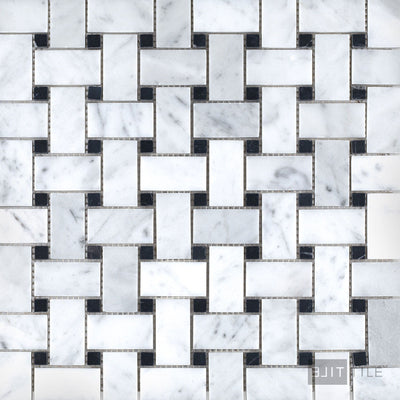 White Carrara Marble Basketweave W/ Black Dot Honed Mosaic