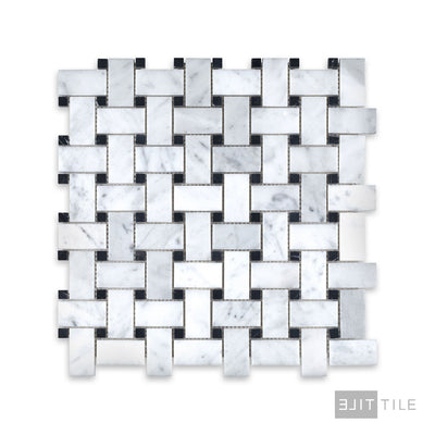 White Carrara Marble Basketweave W/ Black Dot Honed Mosaic