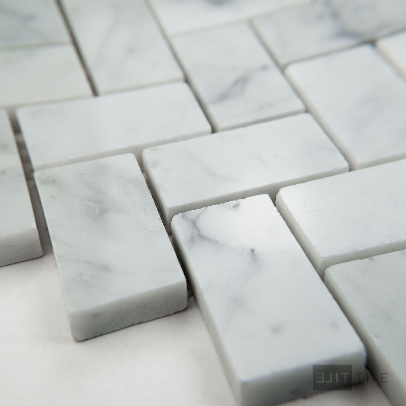 White Carrara Marble Basketweave W/ Black Dot Honed Mosaic