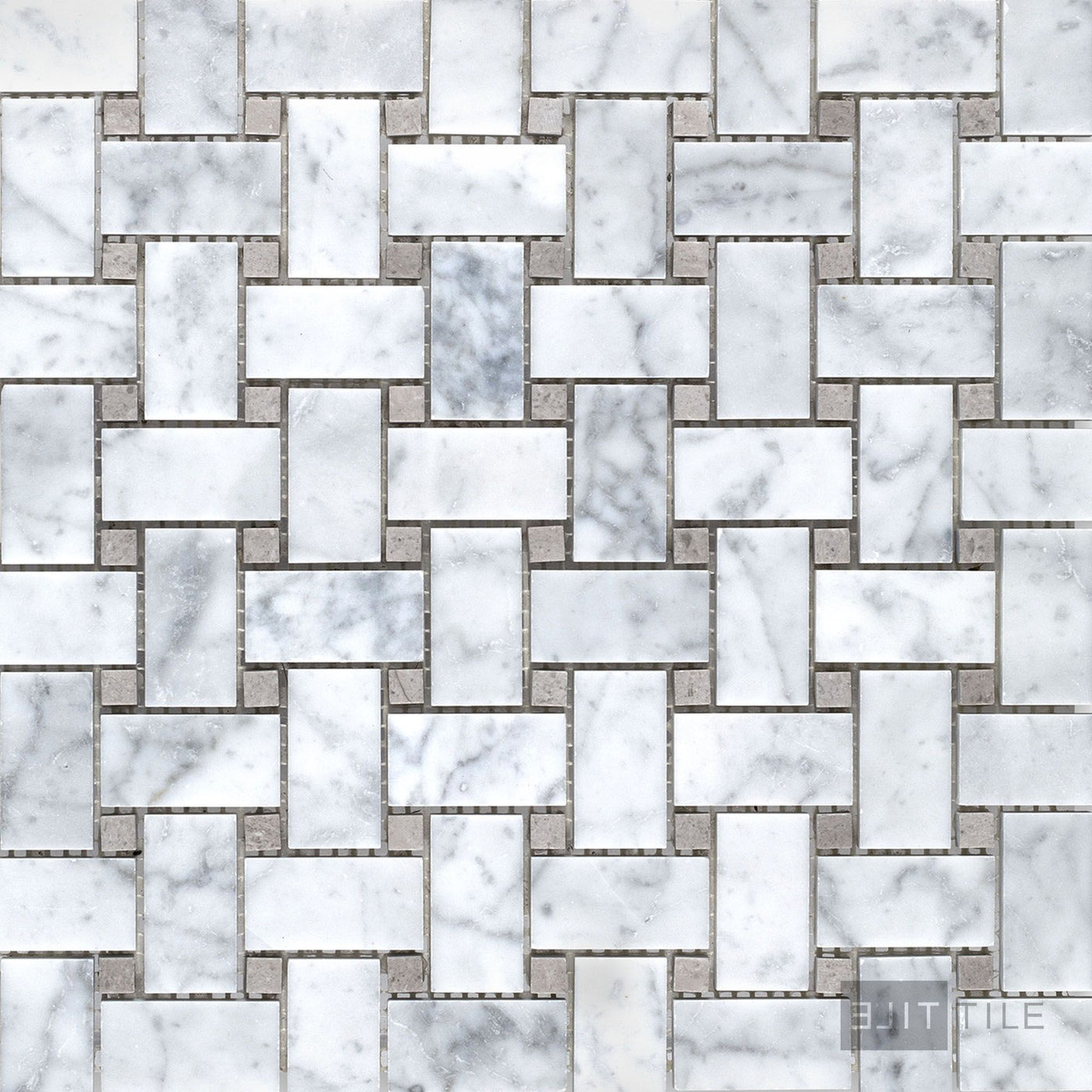 White Carrara Marble Basketweave W/ Grey Dot Honed Mosaic