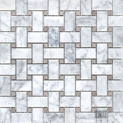 White Carrara Marble Basketweave W/ Grey Dot Honed Mosaic