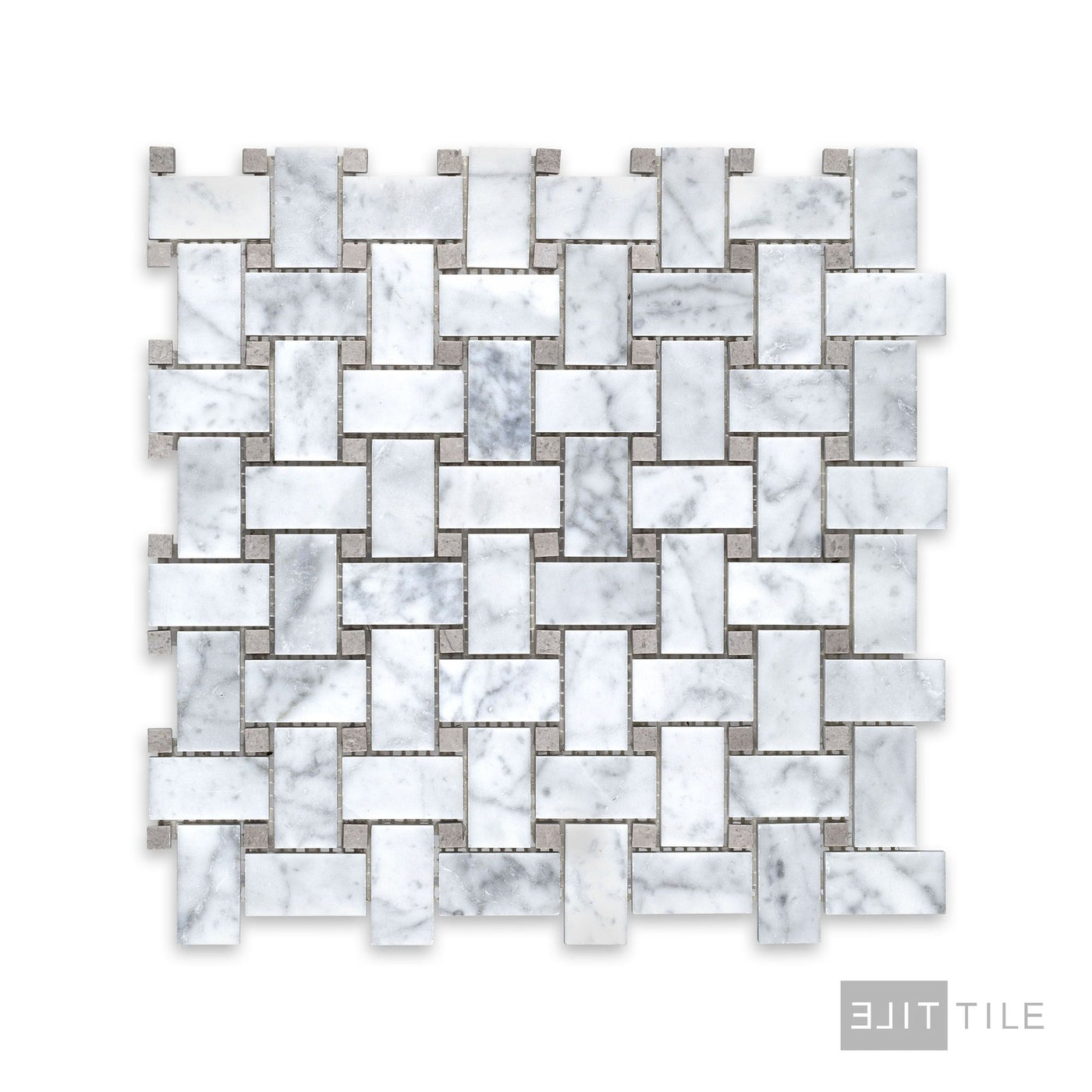 White Carrara Marble Basketweave W/ Grey Dot Honed Mosaic