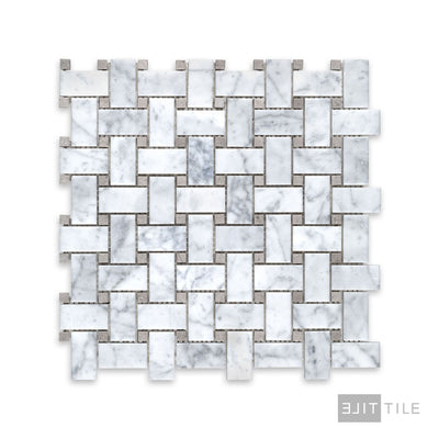 White Carrara Marble Basketweave W/ Grey Dot Honed Mosaic