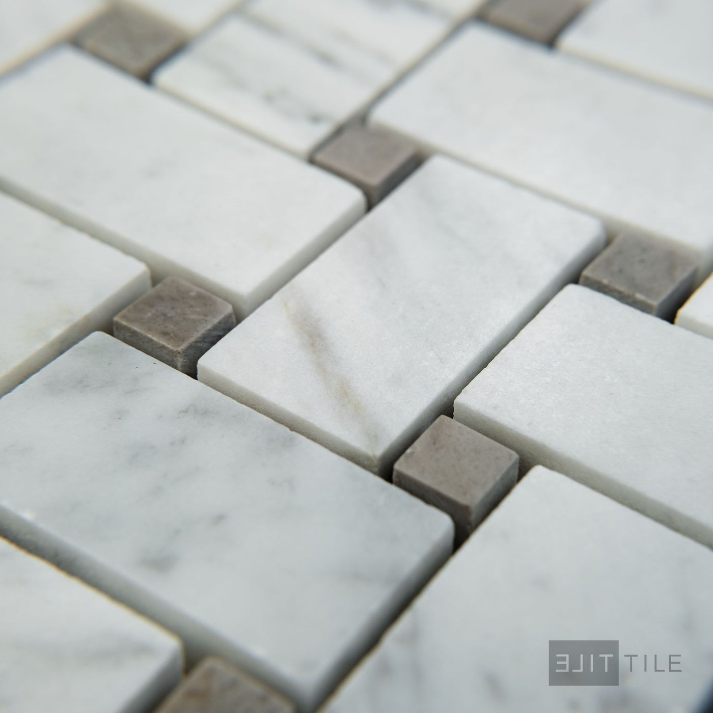 White Carrara Marble Basketweave W/ Grey Dot Honed Mosaic