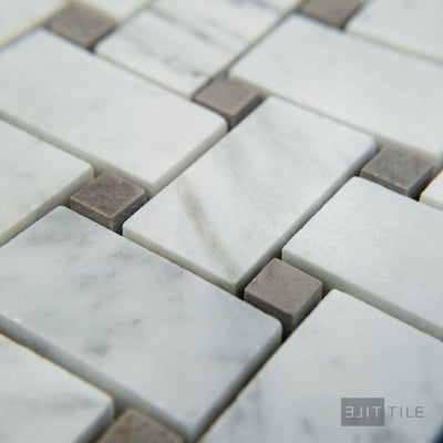 White Carrara Marble Basketweave W/ Grey Dot Honed Mosaic