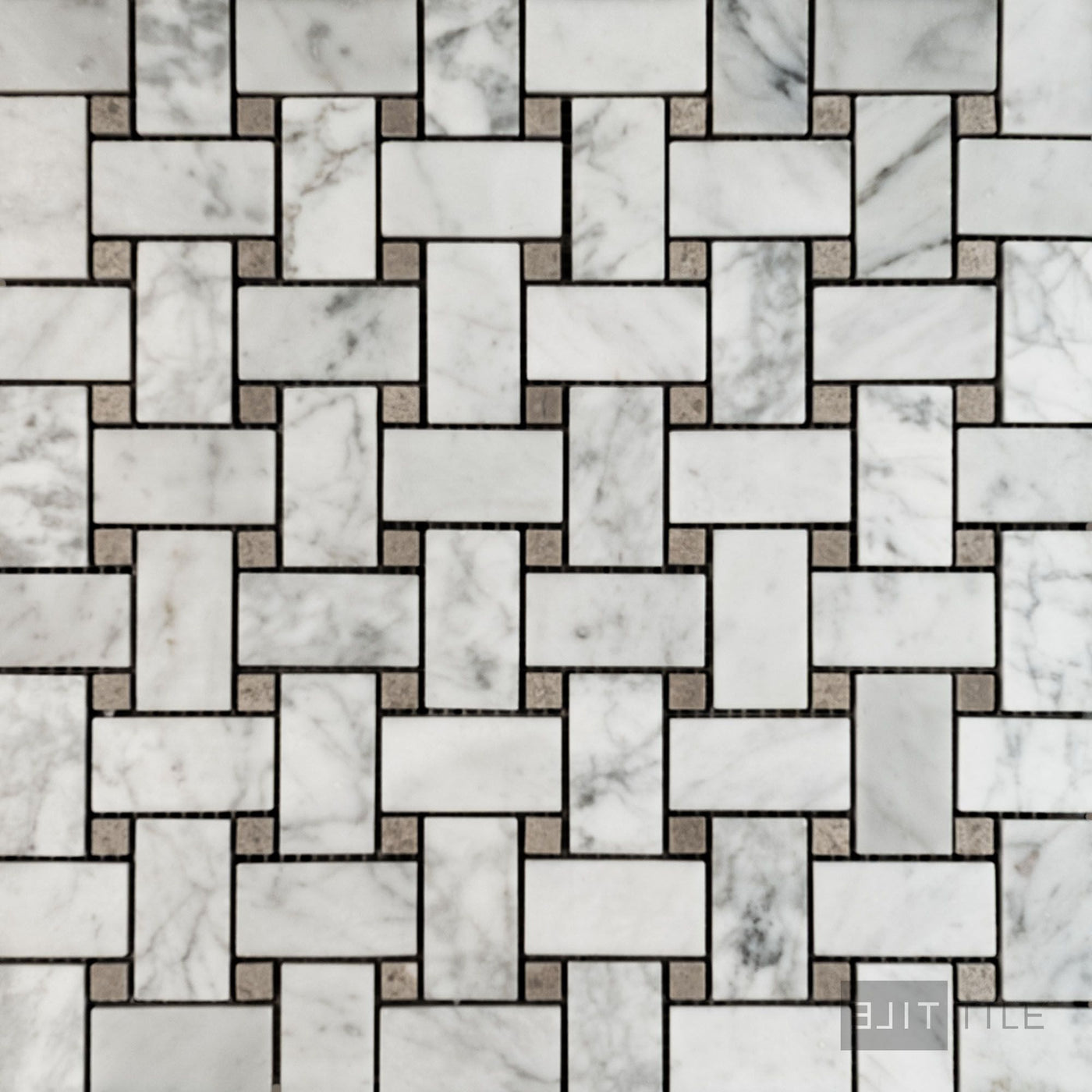 White Carrara Marble Basketweave W/ Grey Dot Polished Mosaic