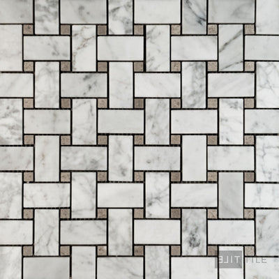 White Carrara Marble Basketweave W/ Grey Dot Polished Mosaic