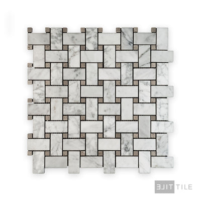 White Carrara Marble Basketweave W/ Grey Dot Polished Mosaic
