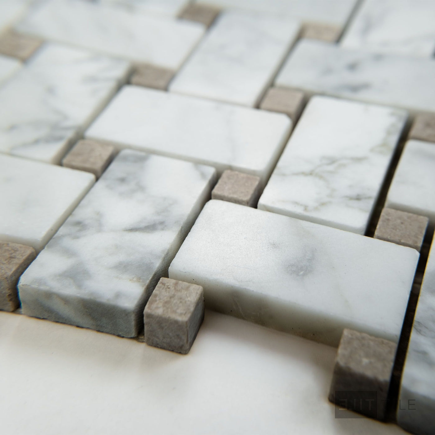 White Carrara Marble Basketweave W/ Grey Dot Polished Mosaic