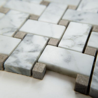White Carrara Marble Basketweave W/ Grey Dot Polished Mosaic