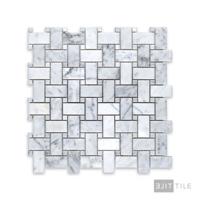 White Carrara Marble Basketweave W/ White Dot Honed Mosaic