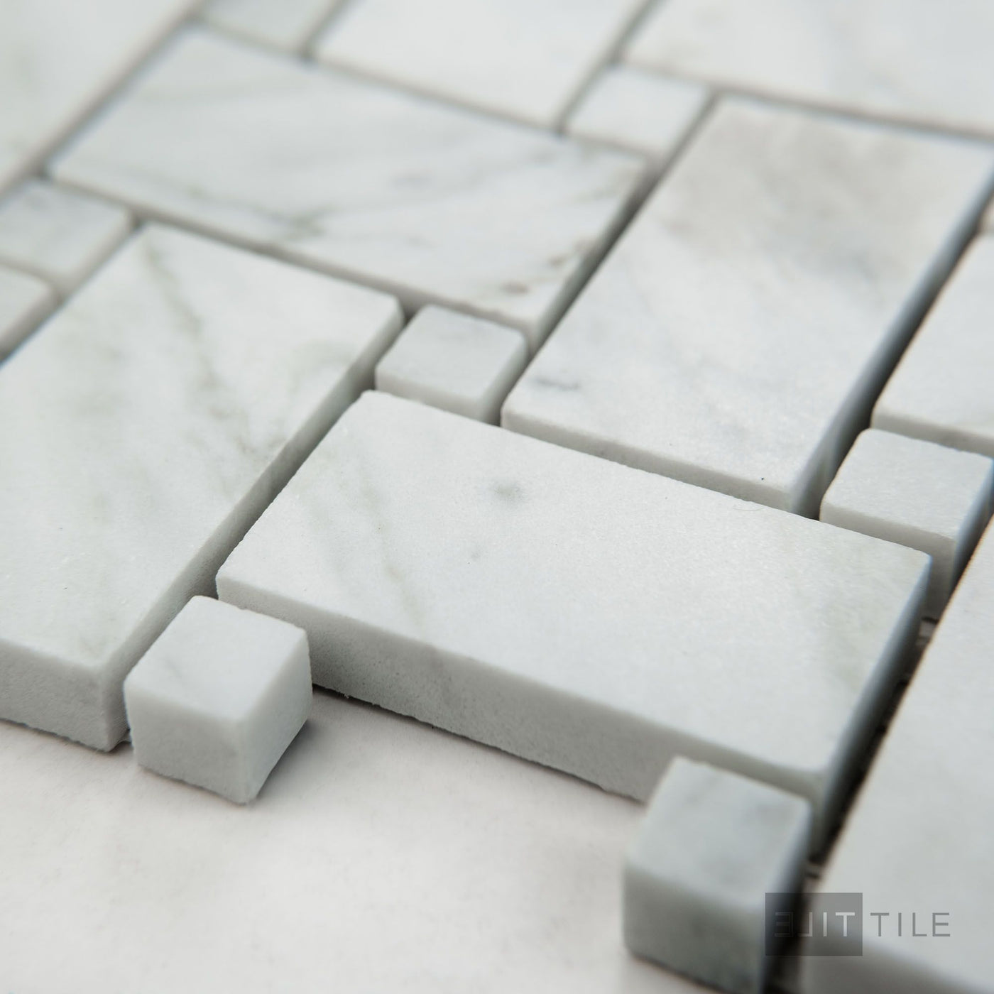 White Carrara Marble Basketweave W/ White Dot Honed Mosaic