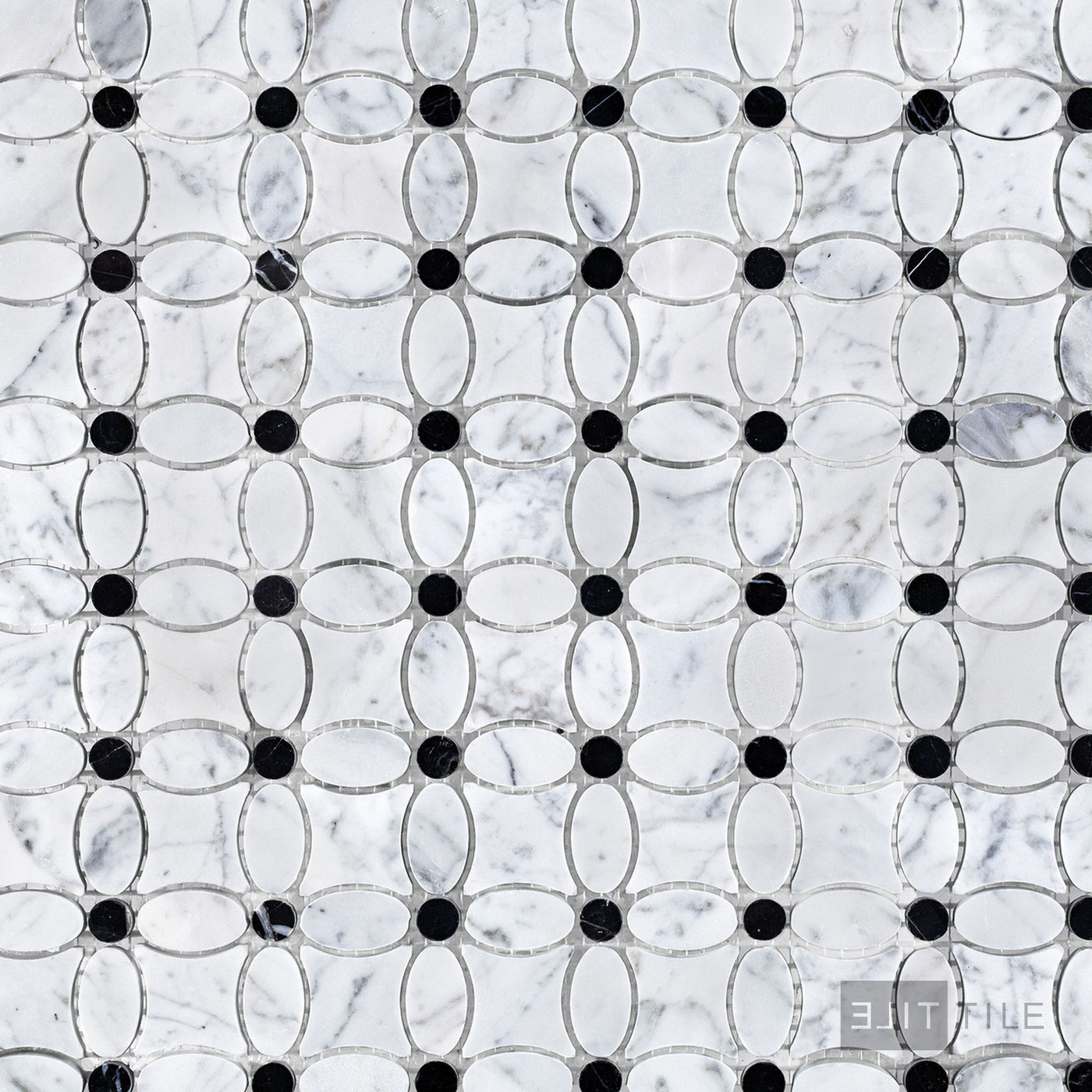 White Carrara Marble Flower Mosaic W/ Negro Marquina Honed