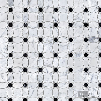 White Carrara Marble Flower Mosaic W/ Negro Marquina Honed
