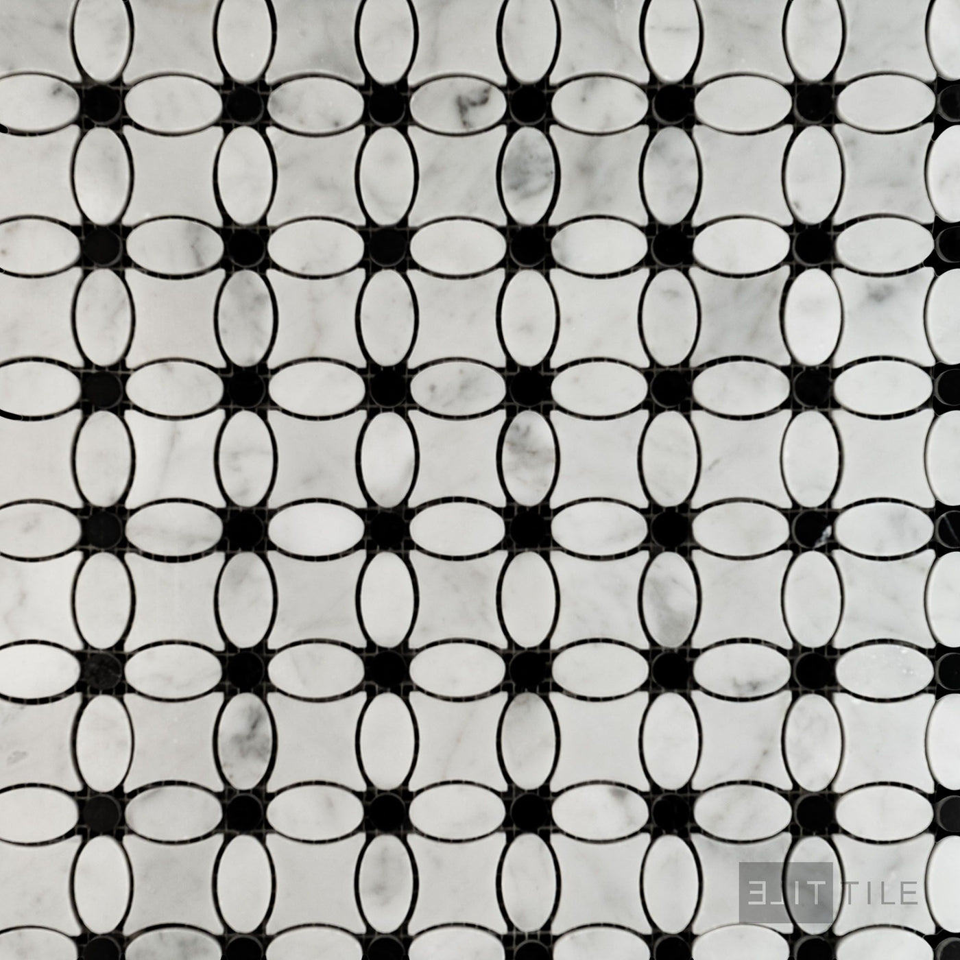 White Carrara Marble Flower Mosaic W/ Negro Marquina Polished