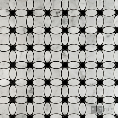 White Carrara Marble Flower Mosaic W/ Negro Marquina Polished